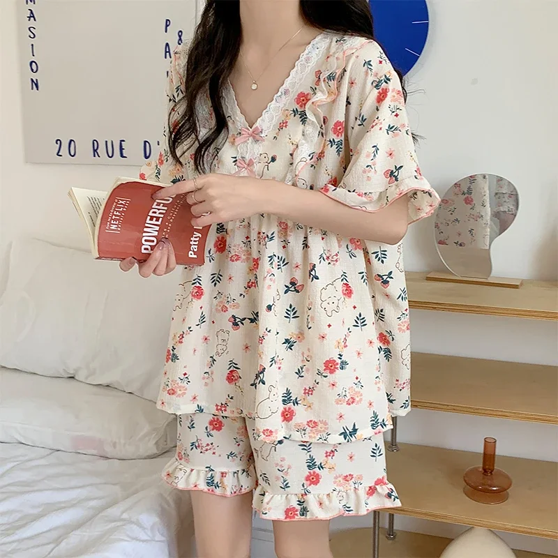 Plus Size Pajama Mujer Cherry Print Sleepwear Set Short Sleeve Top Shorts Ruffle Homewear Skin-Friendly Breathable