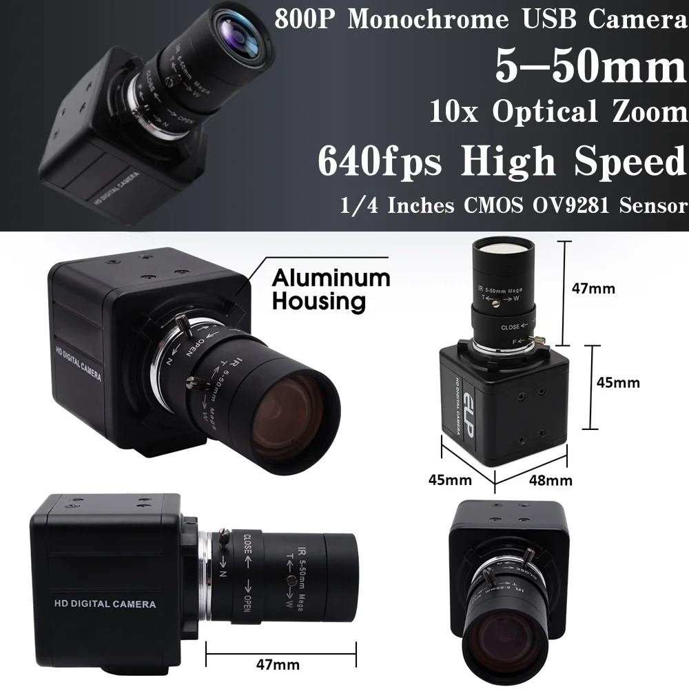 ELP 640fps 210fps Global Shutter USB Camera 800P OV9281 Monochrome Webcam With 5-50mm Varifocal CS Lens for High speed Motion