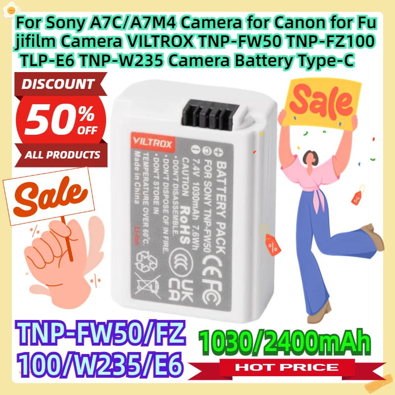 

For Sony A7C/A7M4 Camera for Canon for Fujifilm Camera VILTROX TNP-FW50 TNP-FZ100 TLP-E6 TNP-W235 Camera Battery Type-C