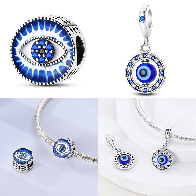 

925 Sterling Silver Evil Eye Charms Bead CZ Zircon Rotating Eye Dangle Fit 3mm Original DIY Women Bracelet Party Jewelry Gifts