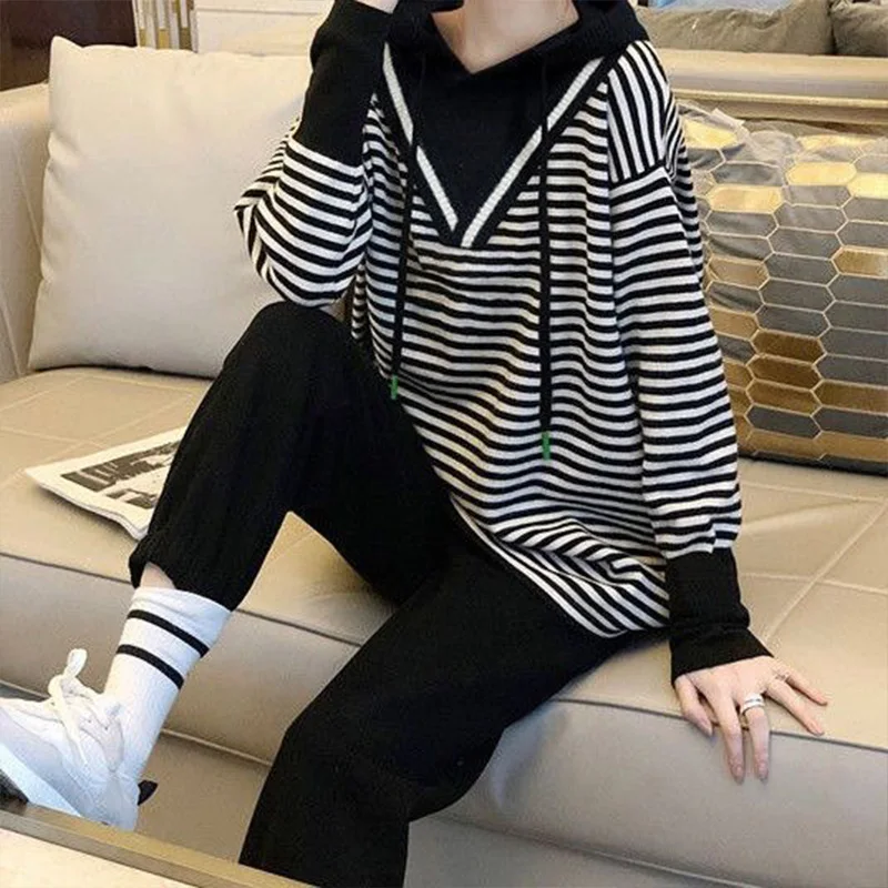 Unique Splicing Stripes Long Sleeved Women\'s Hoodie Spring Autumn Korean Version Casual Versatile Patchwork Trendy Top for Women