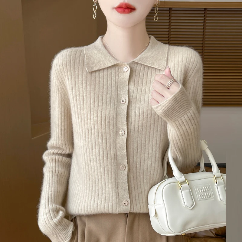 100% Wool Sweater with Collar and Drawstring Cardigan for Women New Versatile Sweater for Autumn and Winter 2024 Fashion Top