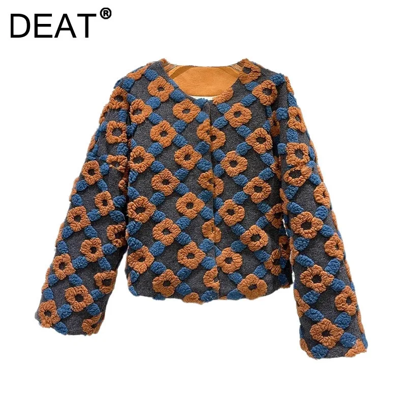 DEAT Women's Coat 3d Colorful Flowers Covered Buttons O-neck Cotton-padded Woolen Jackets 2025 New Spring Fashion 11A02335