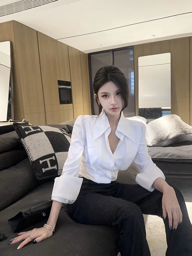 

Xia Yuan Original Wide oulder Narrow Waist White irt a Casual Fit Long Sve Fem irt