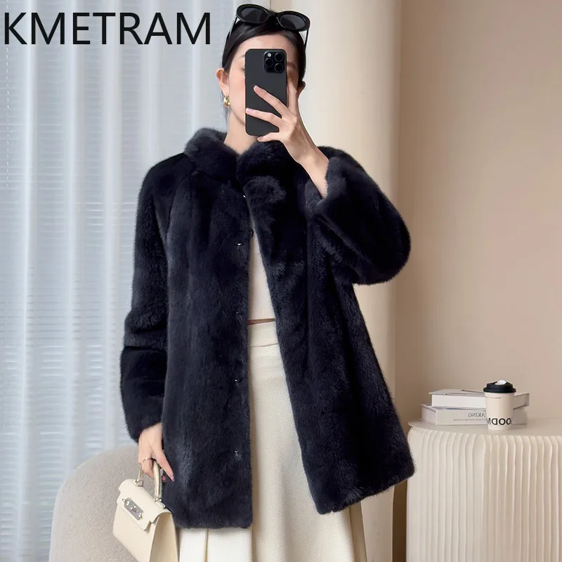 Real Mink Fur Coatผู้หญิงหรูหราสีน้ําเงินเข้มกลางความยาวเสื้อขนสัตว์คุณภาพสูงฤดูหนาวเสื้อผ้าผู้หญิงFurryแจ็คเก็ต 2025 Fourrure
