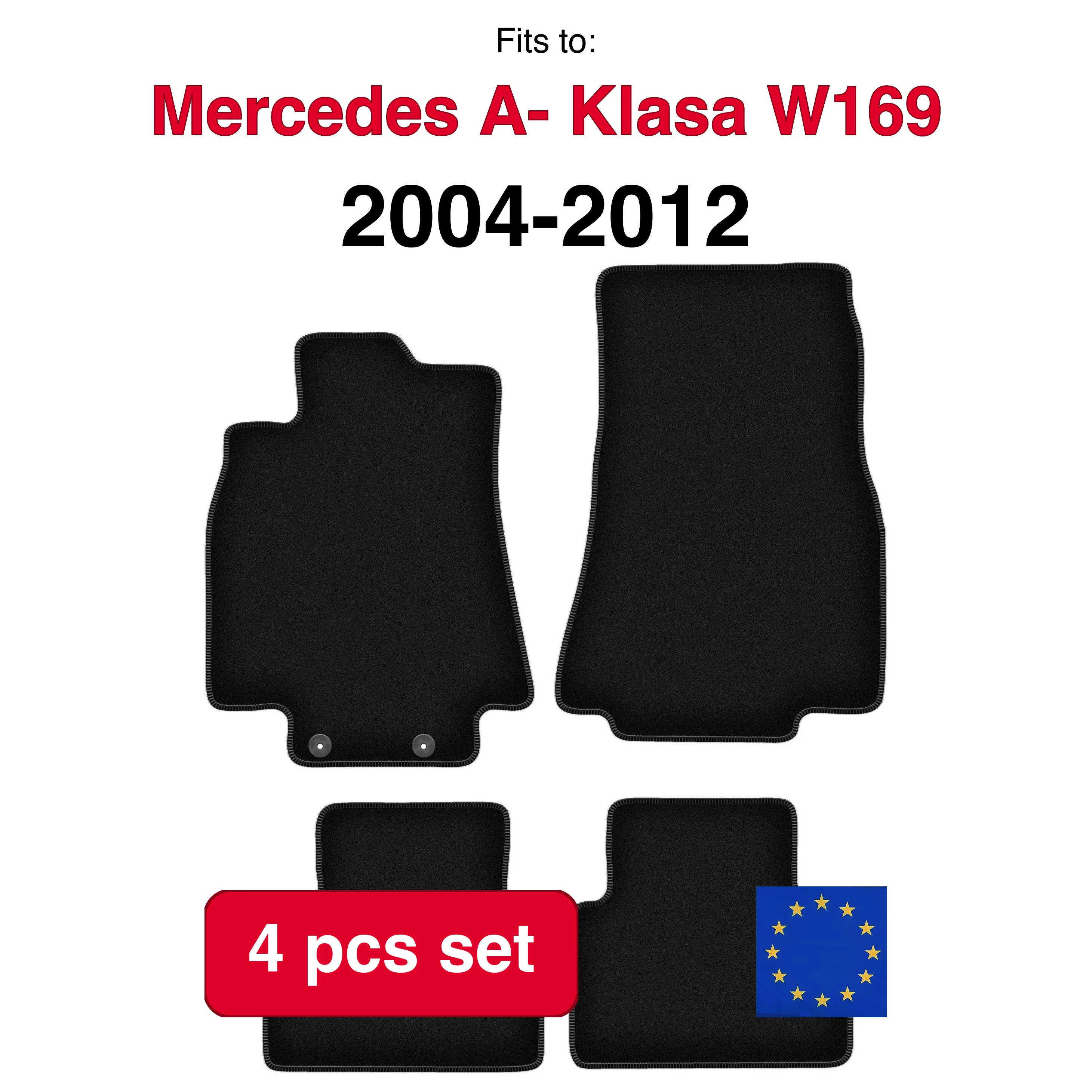Image of Veloursteppich-Set für Mercedes A-Klasse W169 Schrägheck (2004-2012) – Schwarz (4-teilig) passgenaues Auto-Fußmatten-Set