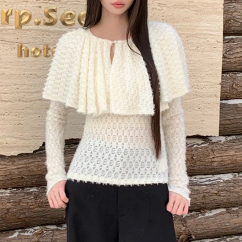 تي شيرت شال أنيق للسيدات بأكمام طويلة بقصة ضيقة على الطراز الكوري بلوزة قصيرة بلون سادة 2026 بلوزات جديدة