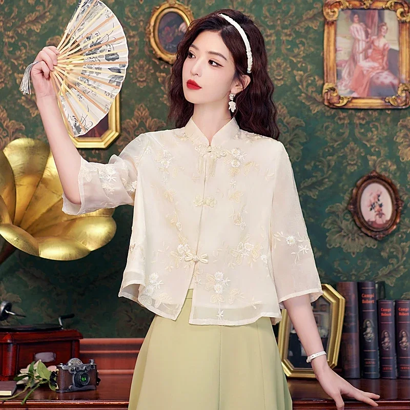 Fashion Chinese Style Embroidery Stand Collar Women Shirt Blouse Blusas Mujer De Moda 2024 Verano Shirt Women Tops Shirts H550