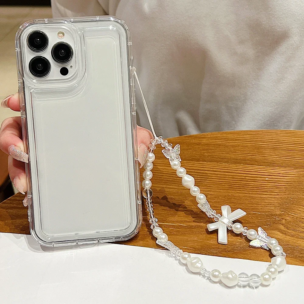 

Clear Soft Phone Case For iPhone 15 Pro Max Funda iPhone 16 14 13 11 12 Pro Max 7 8 Plus XR SE Bracelet Wrist Chain Strap Cover