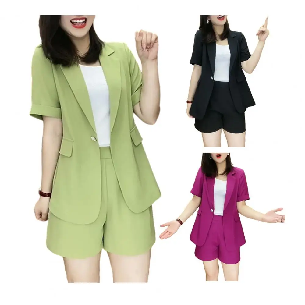 Stylish Solid Color Ensemble Stylish Women's Blazer Shorts Set for Office Work Wear Short Sleeve Open Front Jacket with One