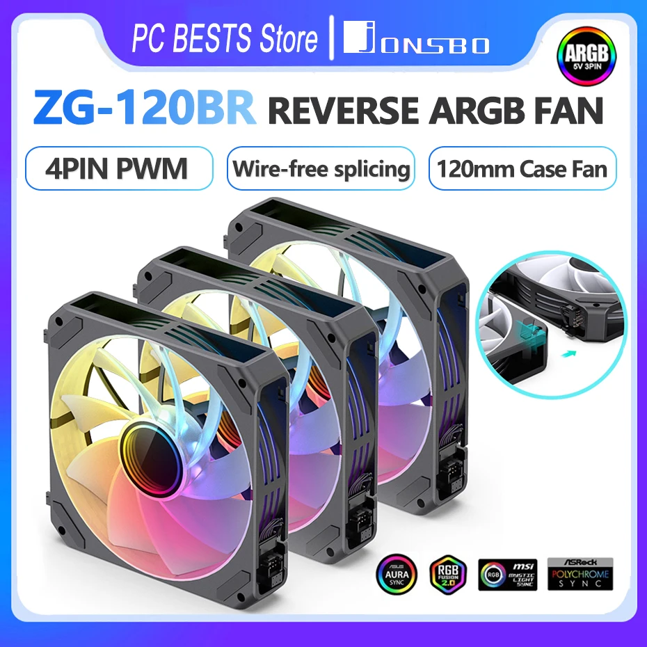 Ventilador Reverso Guia de Luz Lateral sem Fio 5v Argb Pwm Ventilador de Refrigeração Cpu 120 mm Jonsbo-zg120 Zg-120br