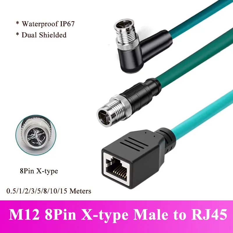 M12 8Pin X-Type Male to RJ45 Connector Cable f Cognex Industrial Ethernet Wire IP67 X-coding Cord Singnal Transmission Line 15M