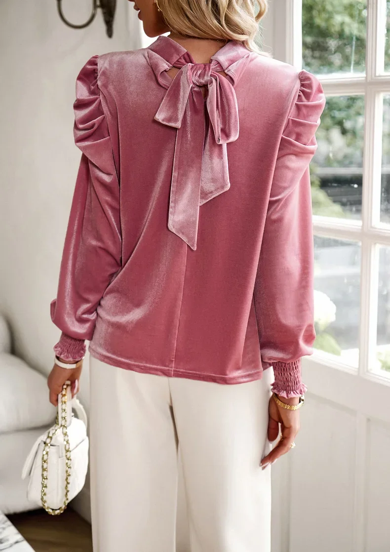 Elegant Velvet Blouse 2023 Autumn Winter Solid Long Sleeve Tops Female Fashion O-neck Bandage Party Blouses Pink Office Shirts