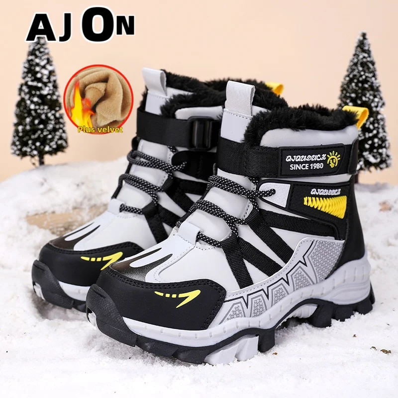 

Детская обувь, уличные нескользящие зимние походные ботинки с высоким берцем, плюшевая теплая спортивная обувь для мальчиков, удобные ботильоны, размер 30-40.