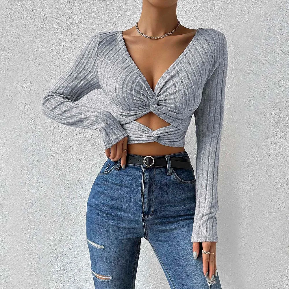 Sexy V-Neck Short Fit T-Shirt Cross-Border Women's Fashion 2026 Autumn Winter Belly Button Exposure Slimming Top