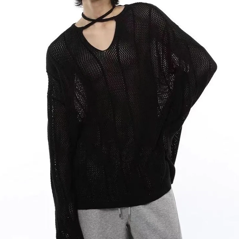 Y2K Mens Hollow Out Knit T-shirts Sexy V Neck See Through Mesh Knitted Tops For Men Fall Long Sleeve V Neck Drawstring Pullover