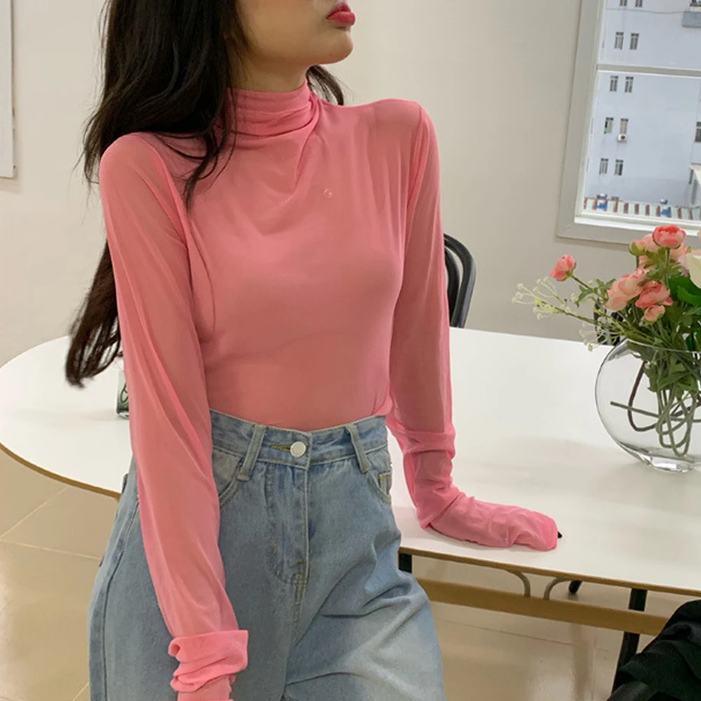 New Transparent Women Lace Blouse 5 Colors Female Bottoming Blouses S-2XL Size Cheaper Tops Kawaii T Shirt Elastic Mesh Shirt