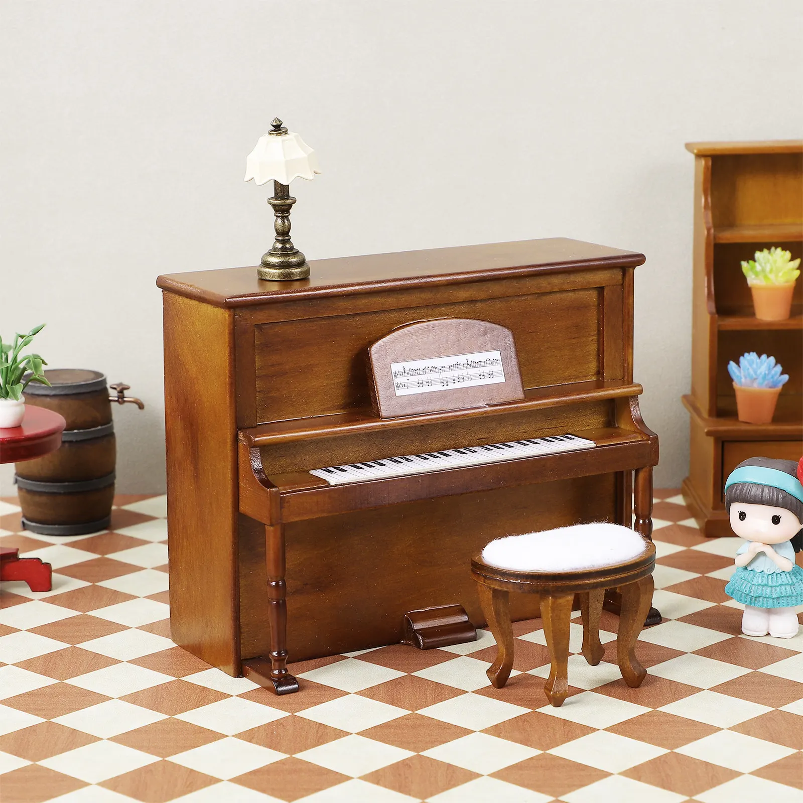 

1Set Realistic Mini Upright Piano and Stool Combo Miniature House Furniture Natural Wood Material Lifelike Detail Dollhouse