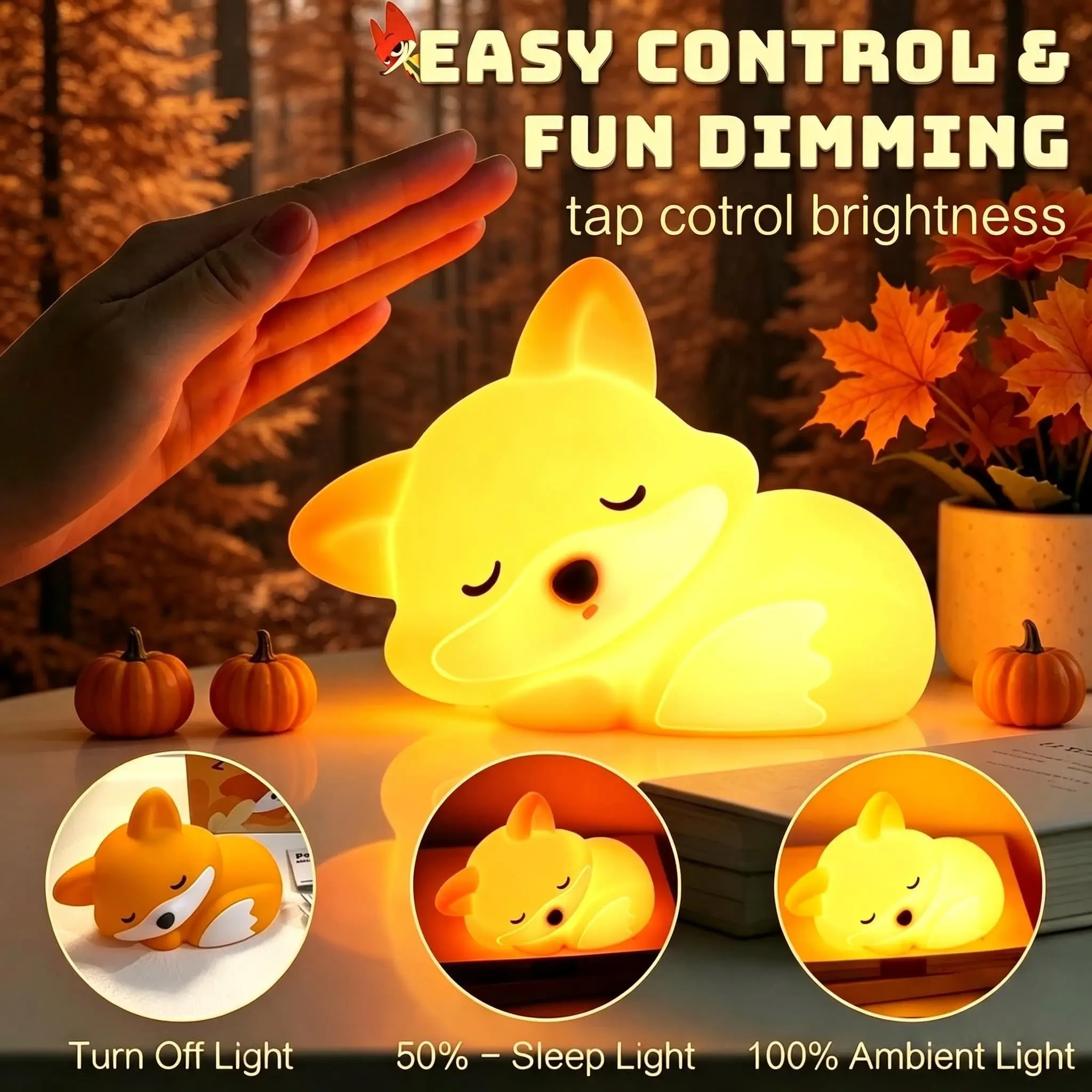 Fox Night Light  Silicone Lamp Gift, Touch On/Off Switch, Rechargeable Dimmable Timer Bedside Touch Nightlight for Breastfeeding