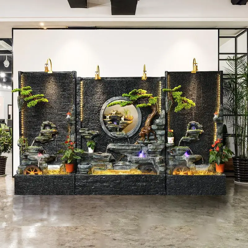Floor-To-Ceiling Water Curtain Wall Fountain Rockery Feng Shui Wheel Living Room Decor
