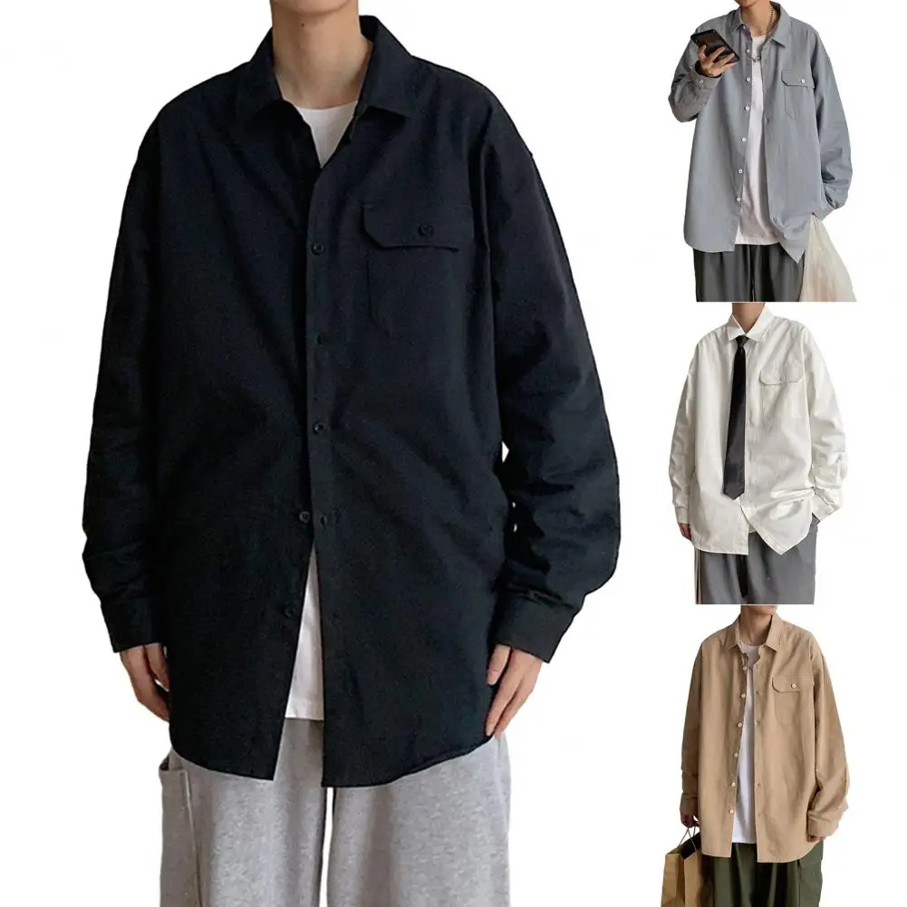 

Lapel Shirt Men's Mid Length Cardigan with Single-breasted Closure Turn-down Collar Soft Breathable Fabric for Spring Men