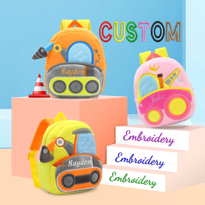 Customised embroidery/Standard style 2 options,Fashion construction truck themed casual backpack, back-to-school season, gift