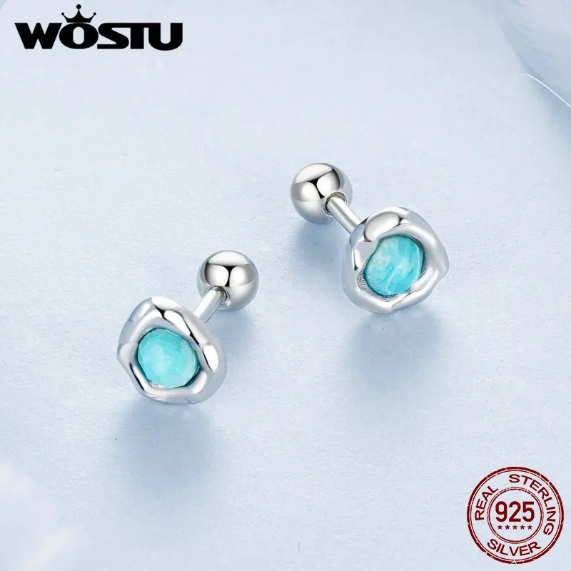 WOSTU Original 925 Sterling Silver Simple Amazonite Stud Earrings Plated White Gold For Women Birthday Party Gift Fine Jewelry