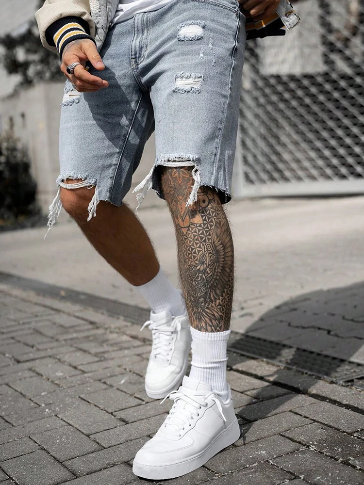 Men\'s Summer Casual Personality Irregular Foot Denim Shorts Wool Ripped Vintage Street Fifth Jeans