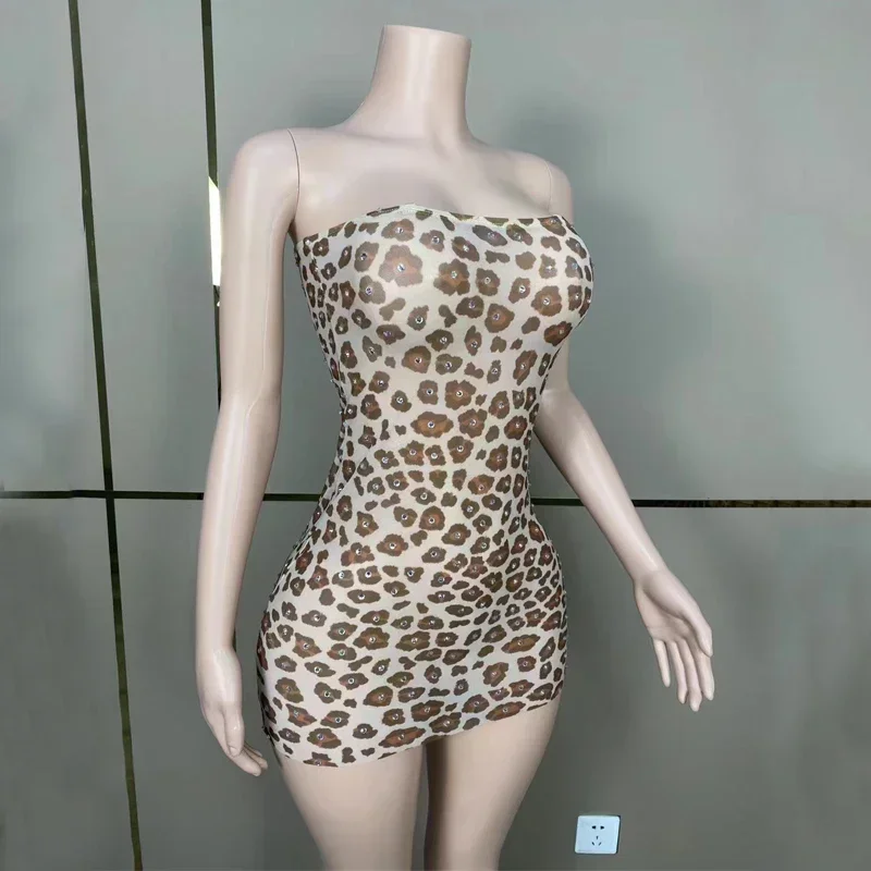 Sukienki wieczorowe na imprezy mody, sukienki mini w panterkę z błyszczącymi cyrkoniami, strój sceniczny dla kobiet, kostium dla piosenkarki na festiwal.