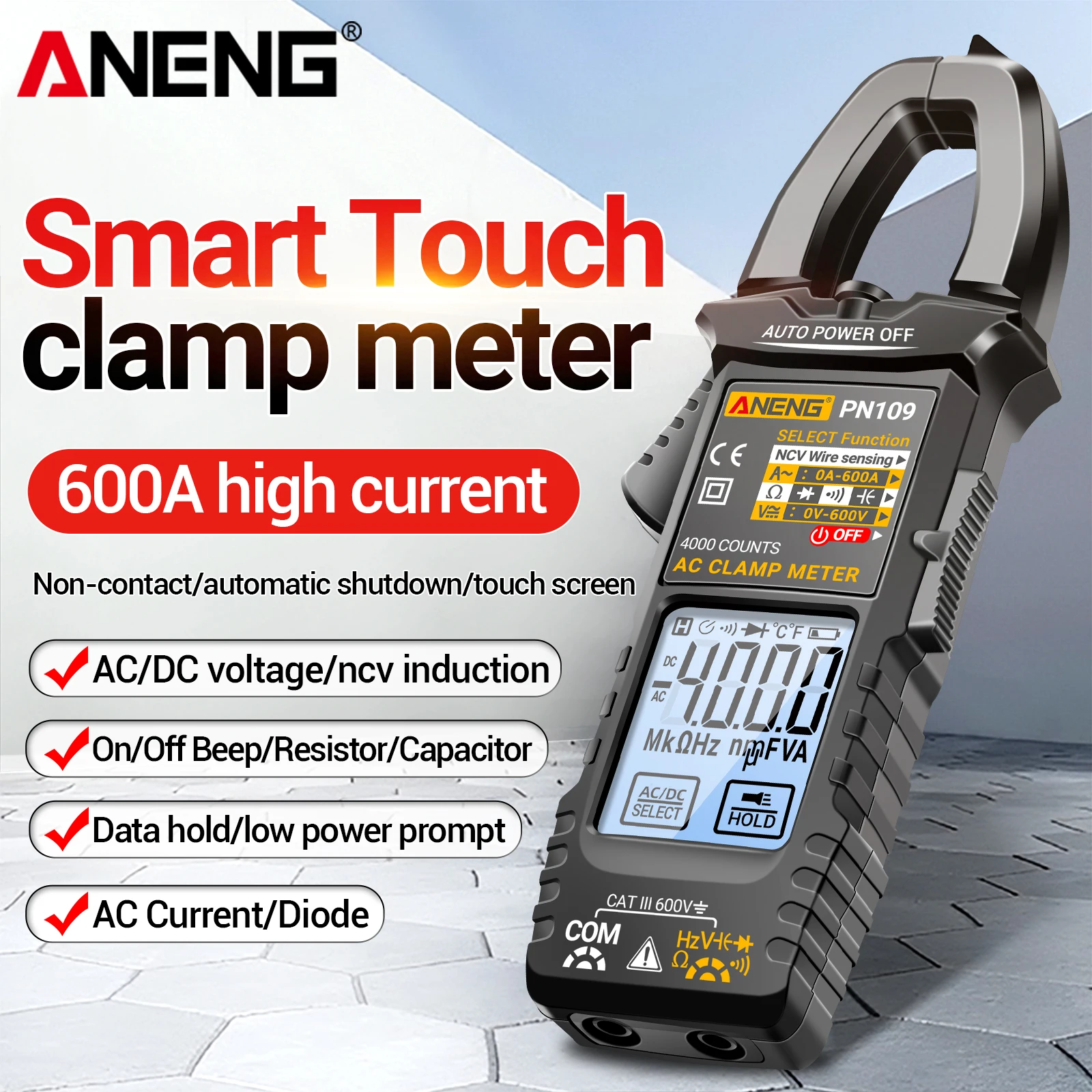 

ANENG PN109 multifunctional clamp meter 40M Ω resistance measurement 600A AC current detection electrician maintenance artifact