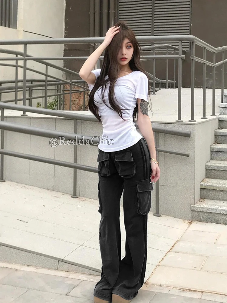 REDDACHiC Dual-Stripe Cargo Pants Black Multi-pocket Elastic Waist Bootcut Gray Sweatpants Women Bell Bottoms Grunge Streetwear