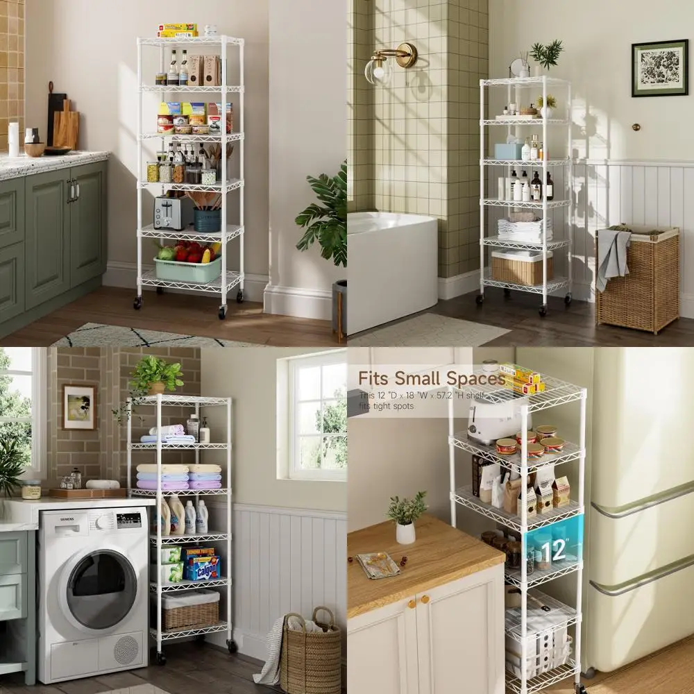 Rak Kawat Logam 6 Tingkat yang Dapat Disesuaikan dengan Roda, Putih, untuk Penyimpanan di Rumah di Dapur, Ruang Penyimpanan, Ruang Cuci, dan Kamar Mandi