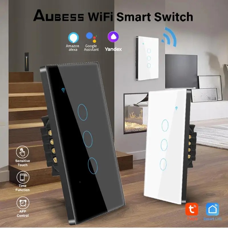 TUYA WiFi 스마트 스위치 패널 Zero Fire Panel 120 유형 미국 표준 검정색 3gang Google Assistant Amazon alexa와 함께 작동