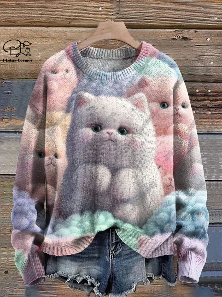 PLstar Cosmos new 3D printed animal series cute funny cat pattern ugly sweater winter street casual unisex M-9