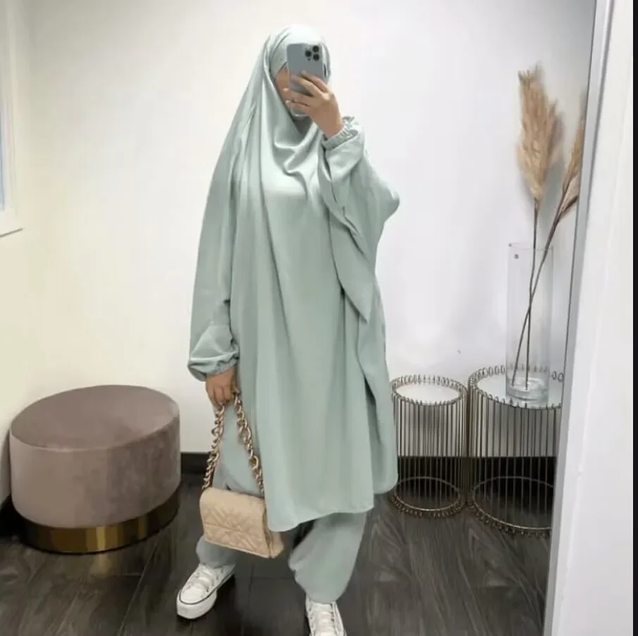 2 Piece Set Ramadan Muslim Women Khimar Pants Outfits Islamic Clothing Eid Hooded Overhead Abayas Abaya Saudi Arabic Robe Dress
