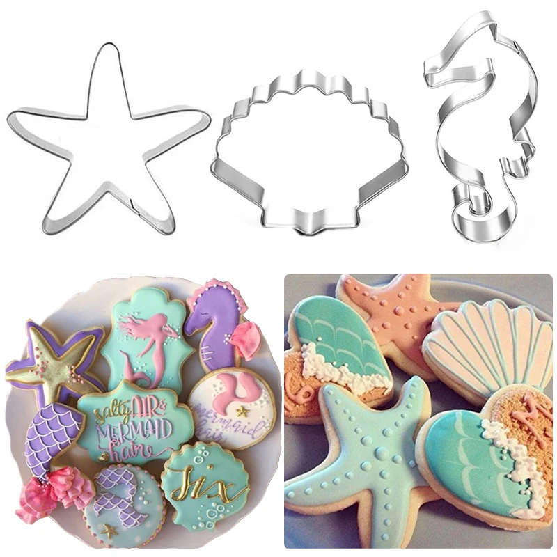 1SET Mermaid Tail Cookie Cutter Sea Animal Starfish Shell Biscuit Fondant Mold For Kids Mermaid Birthday Party Baking Cake Decor