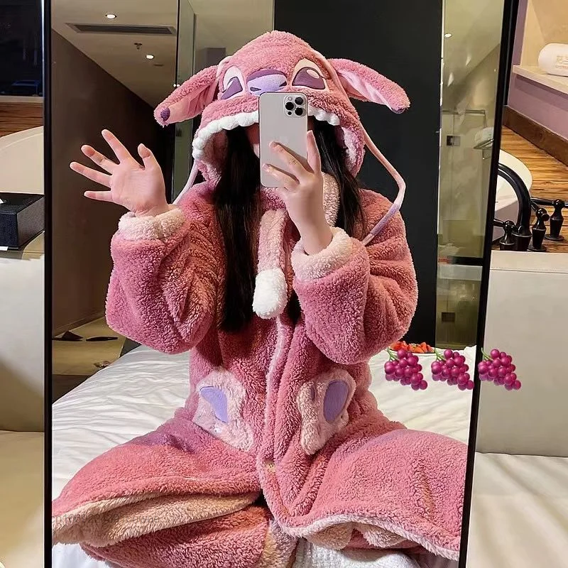 Disney Stitch Angel Hooded Pajamas Y2k Couple Kawaii Coral Fleece Home Clothes Set Women Winter Warm Plush Sleepwear Suit Female