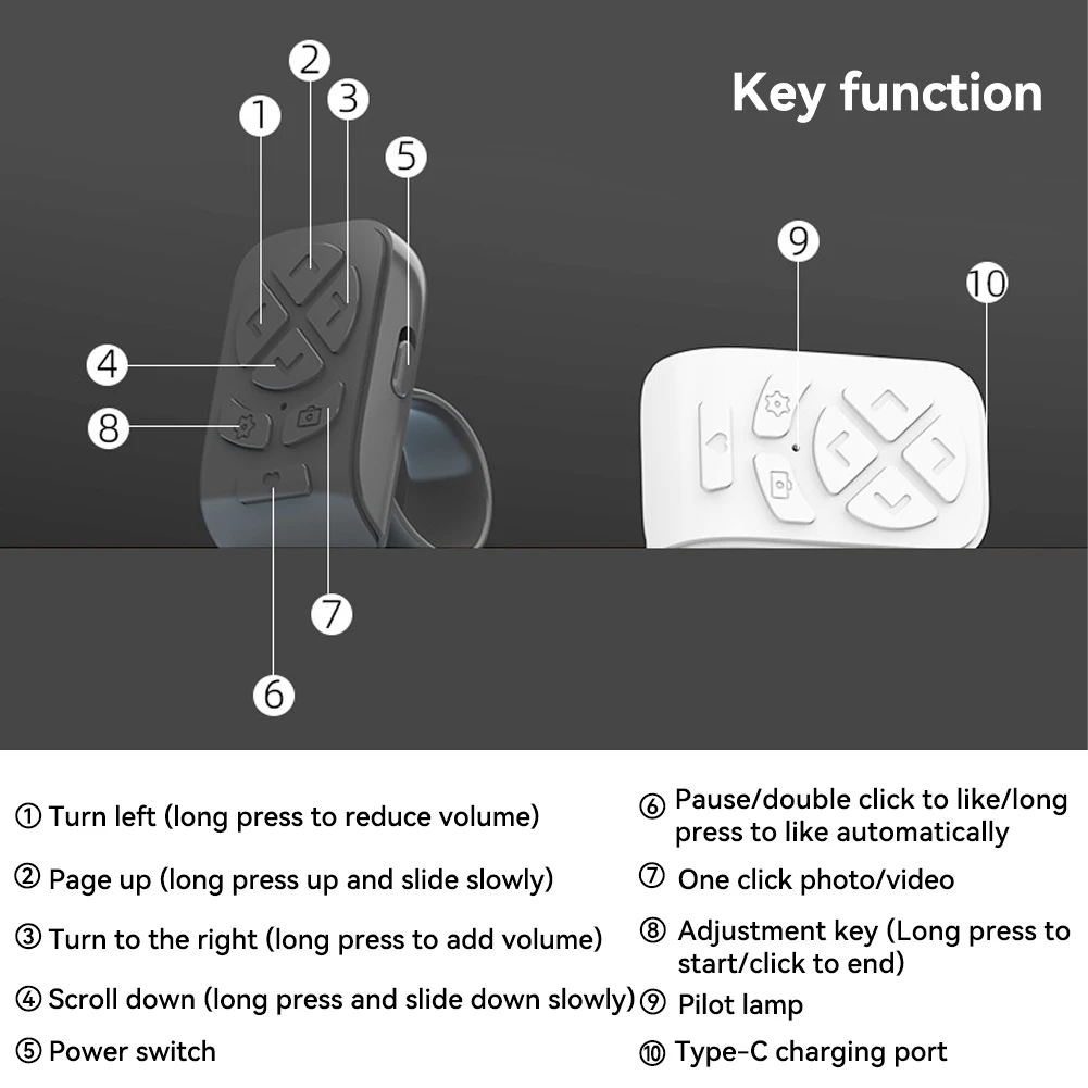자동 페이지 손가락 끝 카메라 컨트롤러, 블루투스 리모컨 스크롤링 손가락 전화 비디오 제어 셀카 스틱, 7 버튼