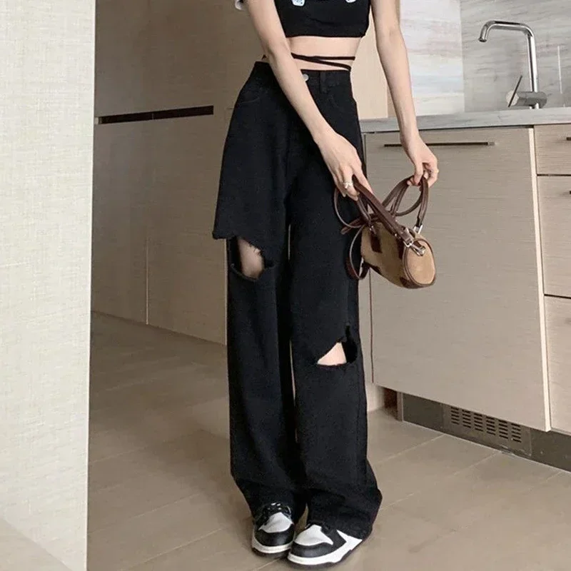 

Female Fashion Aesthetic Pants Woman High Waist Trashy Y2k Clothes Ripped Wide Leg Jeans Girls 90s Harajuku Black Denim Trousers