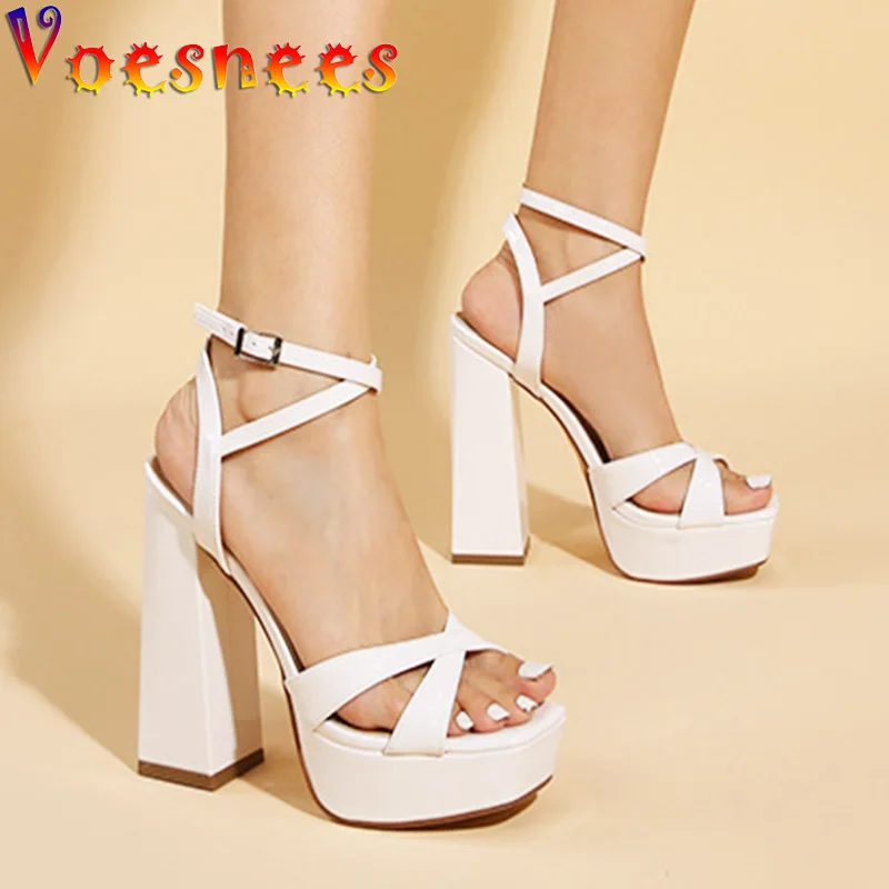 Women\'s High Heel Cross Belt Sandals Pink Platform Square Heels Wedding Shoes 2022 Woman Summer Shopping Everyday Shoe Sandalias