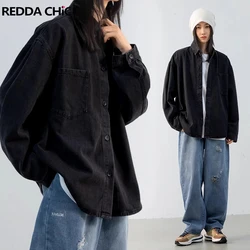 REDDACHiC Oversized Boyfriend Denim Shirt Jacket Women Blouse Top Casual Long Sleeves Autumn Outer Minimalist Black Overshirt