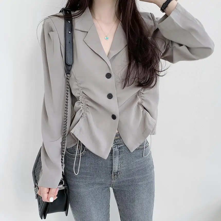 2025 Autumn Korean Elegant Women Drawstring Blouse Solid Long Sleeve Shirring Shirt Tops Street Fashion Button Up Tops