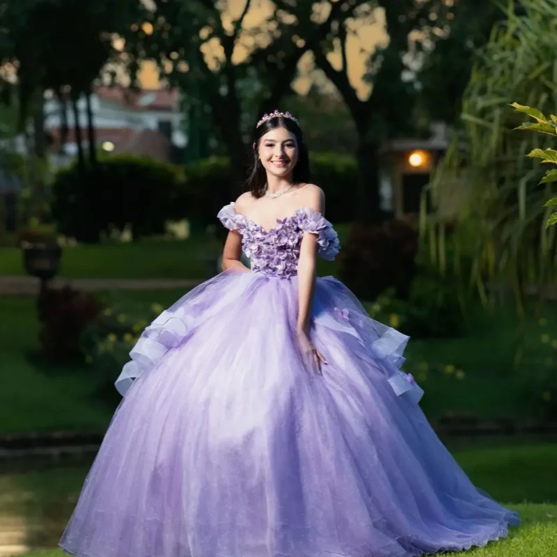 Simple Lavender Quinceanera Dress 3D Flower Decal Long Tail off-shoulder Layering Bow Vestidos De 15 Quinceanera Customize