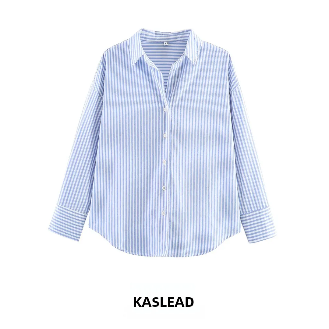 

KASLEAD New Women's Fashionable Loose Stripe Shirt Versatile Polyester Fiber Long Sleeve Breathable Summer Casual Shirt