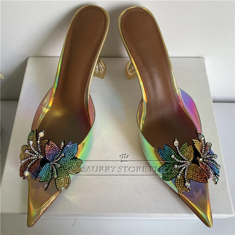 Iridescent Diamond Flower Modern Sandals Women Clear Crystal High Heel PVC Transparent Slingbacks Summer Mules