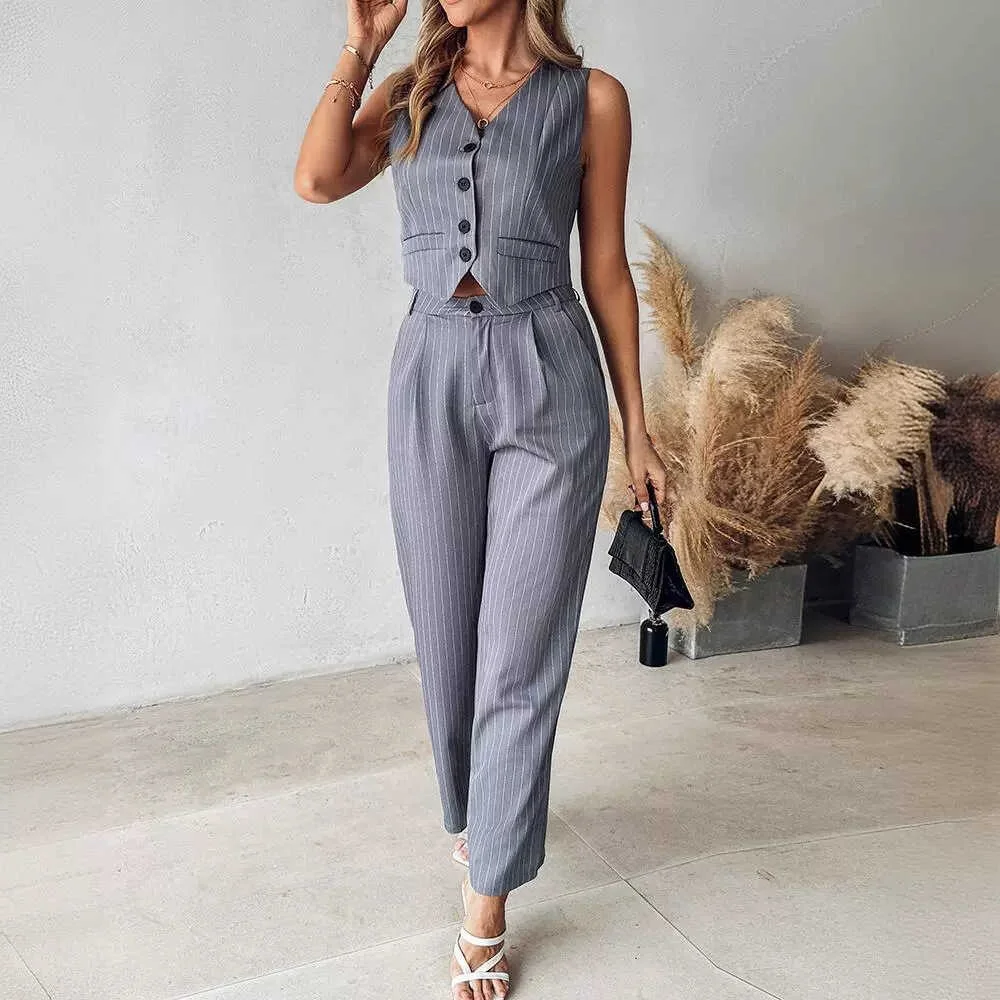

Полосатый костюм, жилет с высокой талией, широкие брюки, комплект из двух предметов, женский топ и брюки, ансамбль, модная рабочая одежда