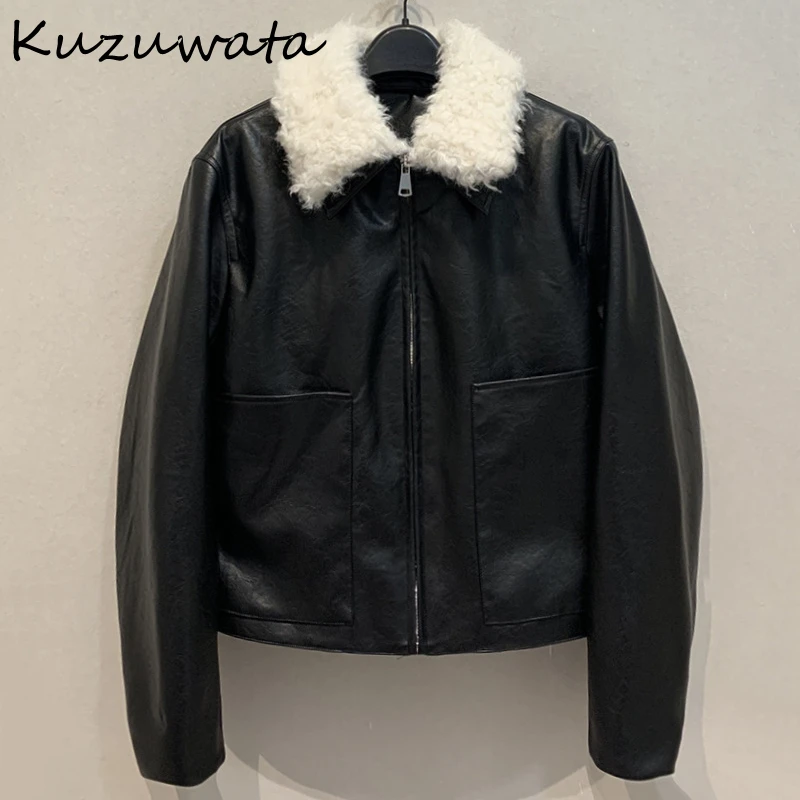 Kuzuwata Japan Turn-Down Collar Long Sleeve Casual Outwears Zip Mix Loose Patchwork Jacket New Elegant Temperament Moda Coat