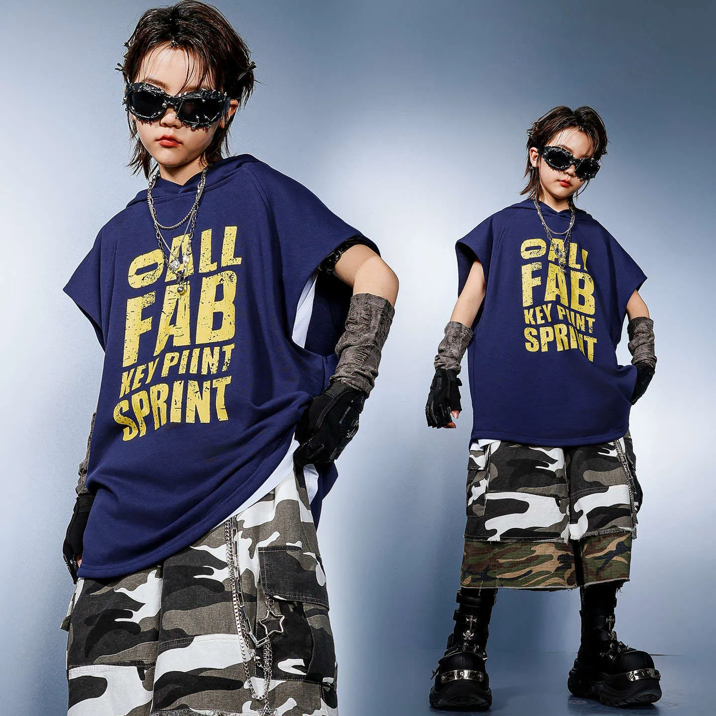 

Kid Kpop Hip Hop Clothing Navy Blue Hoodie Tank Camo Color Block Cargo Shorts Middle Pants for Girl Boy Dance Costumes Clothes