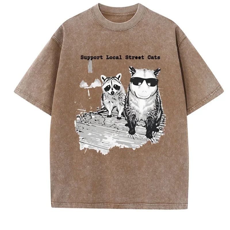 Support Local Street Cats T Shirt Funny Raccoon Skunk Possum T-Shirt Retro Animal Lover Meme Tee Oversized Acid Wash Tshirts - view 3