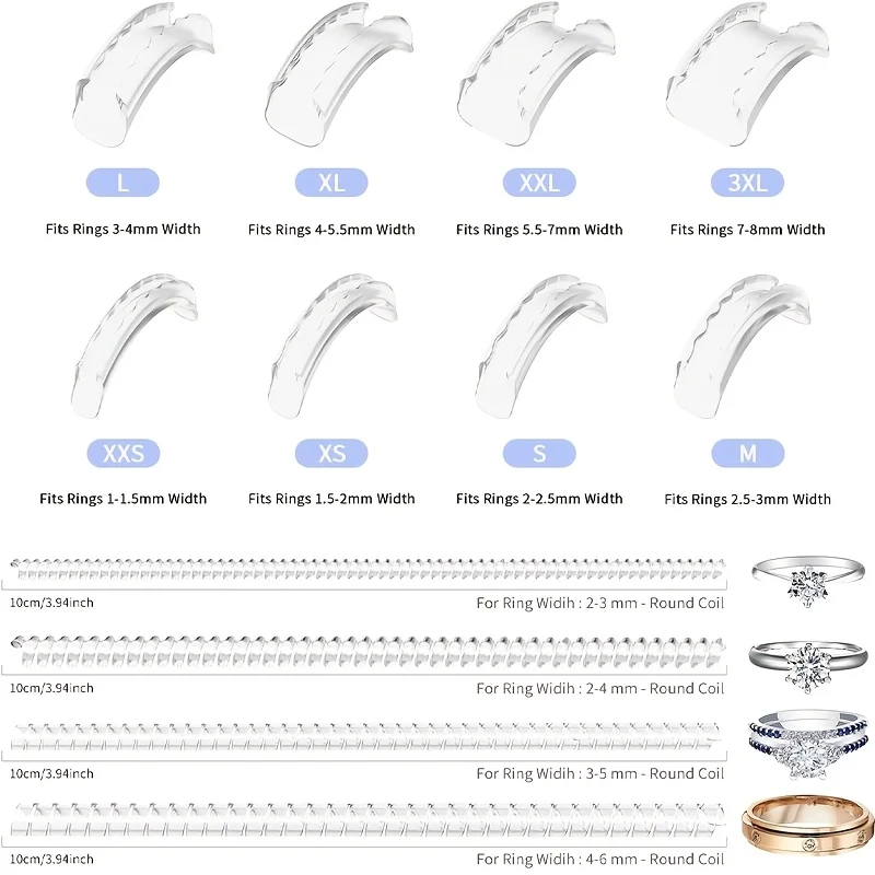 12Pcs Invisible Ring Size Adjusters 2 Styles 12 Sizes  0.5-1.5mm for Loose Rings with Polishing Cloth Unisex Jewelry Resizer
